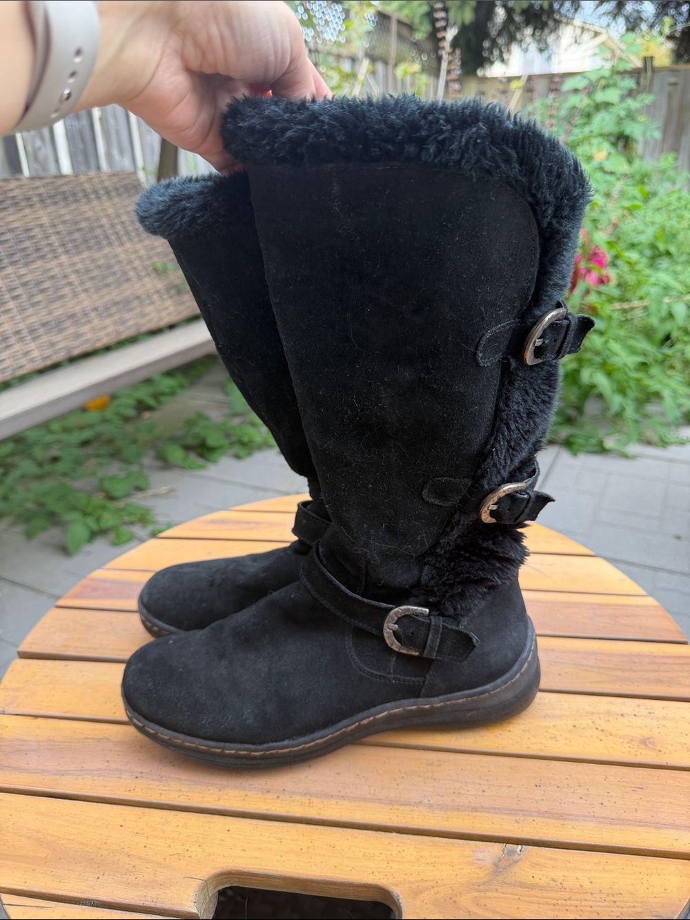 Ayden Black Leather Faux Fur Tall Winter Boots Buckle Detail Size 8.5